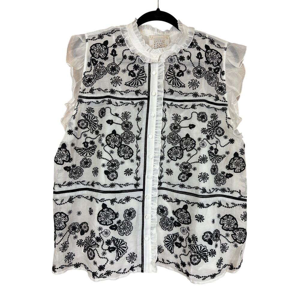 NWT Johnny Was White Black Floral Sleeveless Ruffled Tank Top Size L